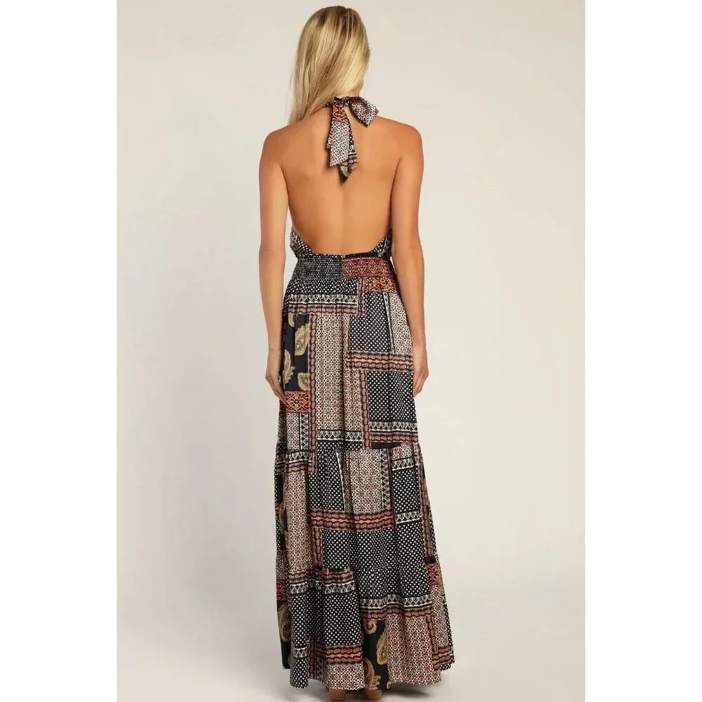 Lulus Trendy Travels Halter Maxi Dress Navy Blue Multi Patchwork Scarf Print S